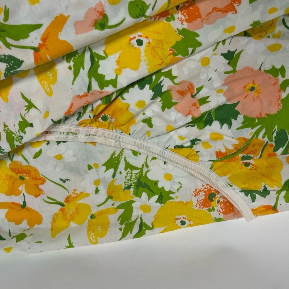 70’s Vintage Twin Fitted Sheet floral percale 0758 green yellow orange